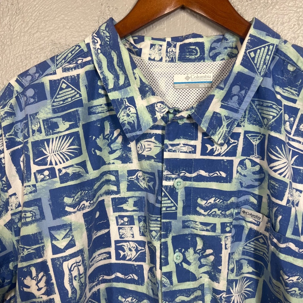 Columbia PFG Mens XXL Short Sleeve Fishing Shirt Blue Fish Print FM7011